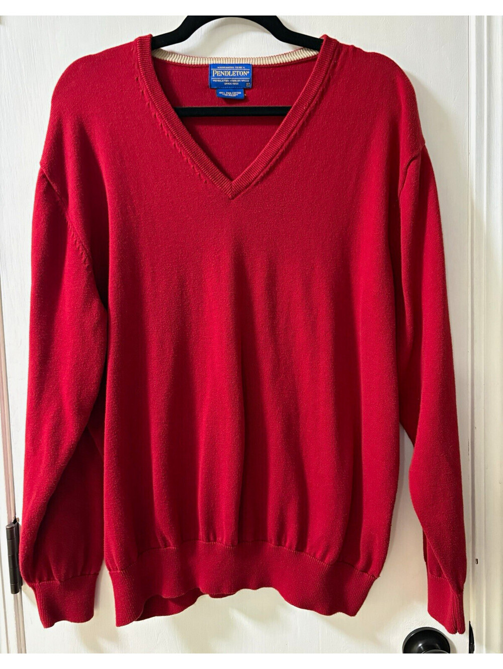 Pendleton Men's Red V-Neck Pullover Knit Sweater Cotton Logo Size L